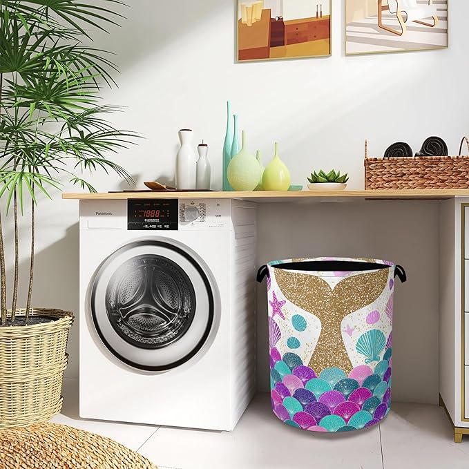 Fish Scales Laundry Basket, Mermaids Seashell Foldable Oxford Cloth Tote Bag