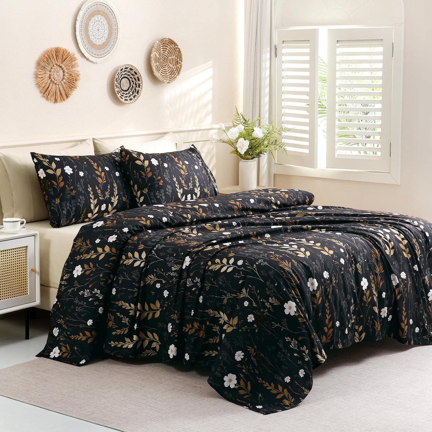 Botanical 6-Piece Queen Bed Sheets Set, Boho Floral Print Brushed Microfiber Sheets, Cooling Bed Sheet Set, Ultra Soft & Breathable, 16' Deep Pocket Fitted Sheet & Pillowcase Set, Beige Brown Leaves