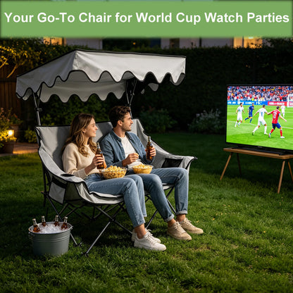 Double Camping Chair with Canopy Shade, Portable Beach Chair with 2 Cup Holders and Bags, Folding Heavy Duty Oversized Double Chairs with Side and Back Pockets, Outdoor Loveseat Chairs for Patio, Lawn