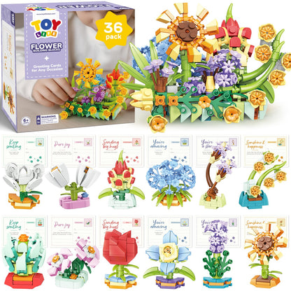 TOY Life 36 Pack Party Favors for Kids, Tiny Plants Mini Flowers Building Blocks Set for Classroom Prize, Flowers Botanical Succulents Building Toy with Cards, Birthday Gift for Boys Girls 6+