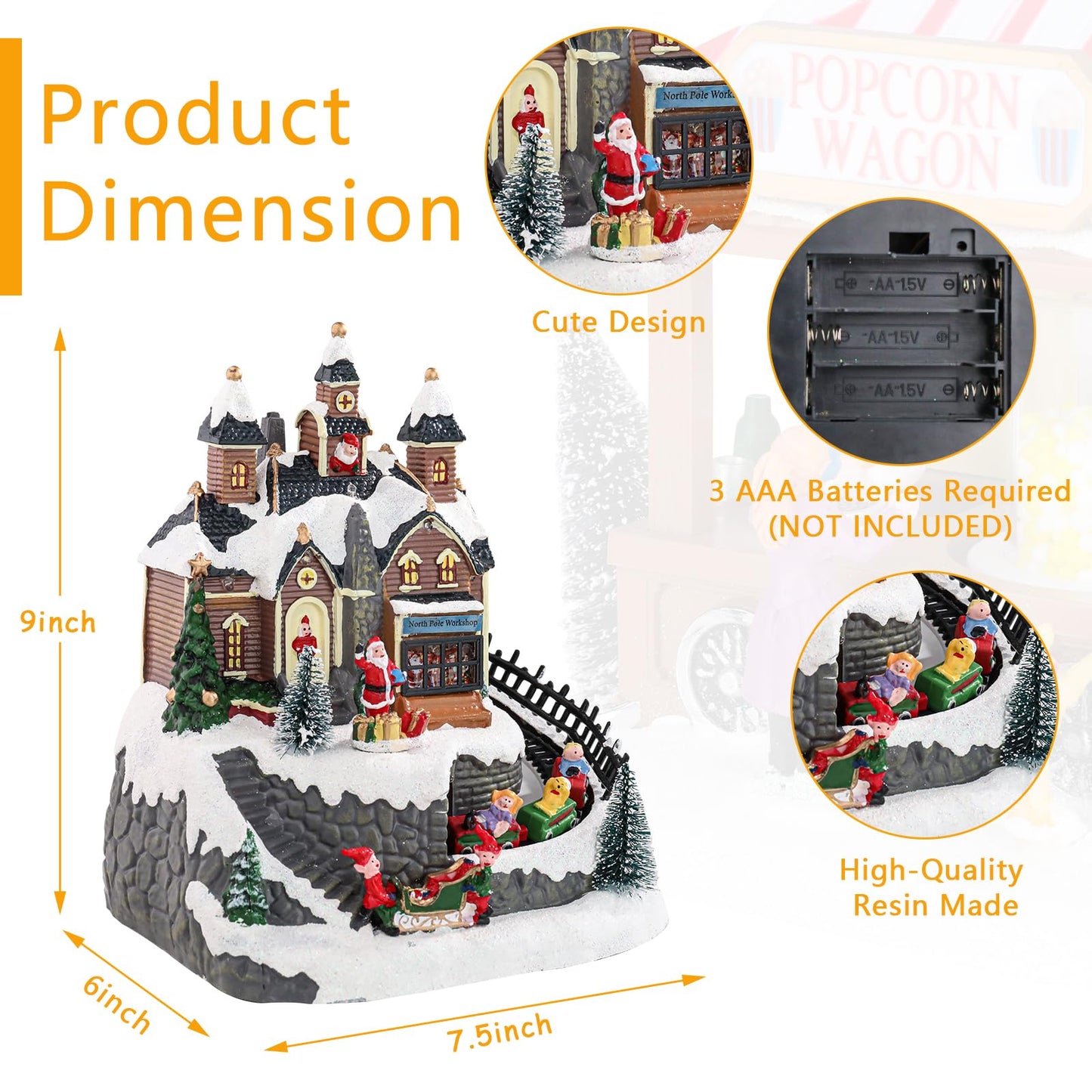 Vipush Christmas Village House Decorations Resin Little Train Home Decor Indoor Building Figurines Revolving Train with LED Light and 8 Christmas Music for Kids