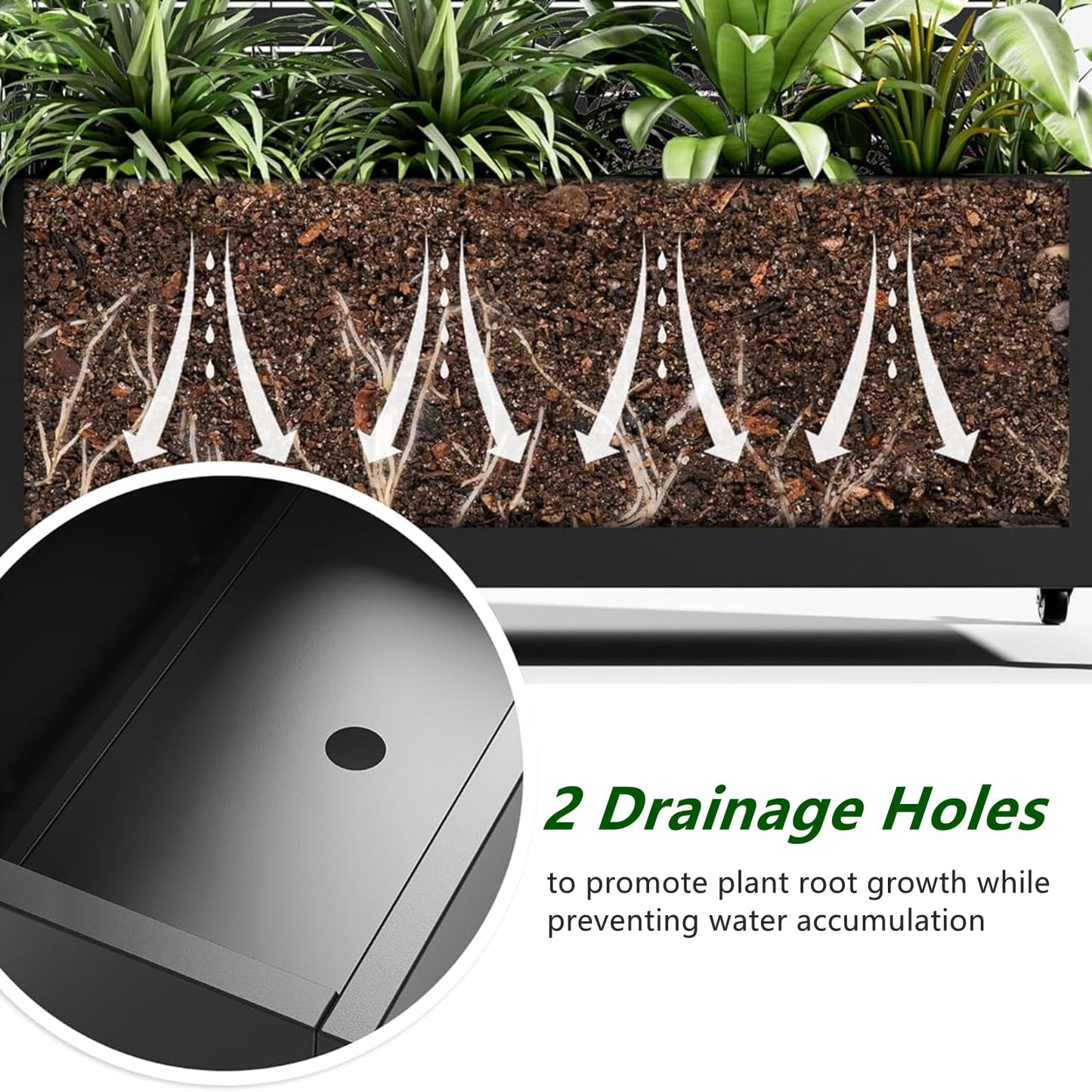 Roockky Metal Planter Box with Trellis, Outdoor Raised Garden Bed with Trellis & Wheels, 73"x35"x16" Planter Box Trellis with Drainage Holes & Privacy Screen for Climbing Plants, Vegetables, Black-3