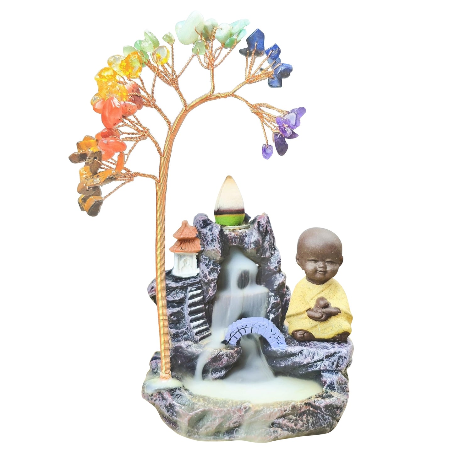 Buddha Incense Holder, Chakra Waterfall, Zen Incense Burner Backflow - 7.4" Gemstone Tree Waterfall, Desk Zen Fountain, Home Office Feng Shui Gift, Mother's Day, Birthday Gift