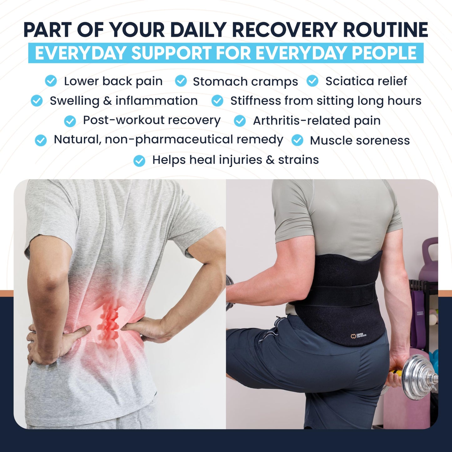 Copper Compression CopperFreeze™ Back & Stomach Wrap Hot & Cold Therapy Support for Pain, Muscle Soreness, Cramps, and Injury Recovery – 360° Copper Infused Relief for Lumbar, Lower Back, and Abdomen