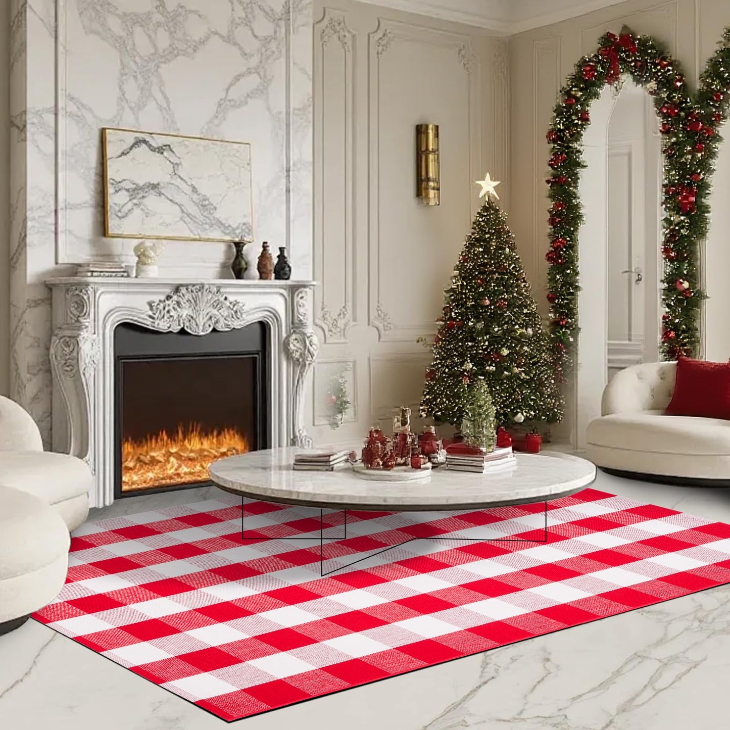 Christmas Red and White Plaid Rug 4 x 6 Ft, Hand-Woven Indoor/Outdoor Layered Cotton Blend Buffalo Plaid Rug, Washable Front Door Mat, Perfect for Porch, Living Room, Entryway
