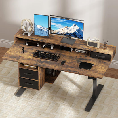 63x24 Inches Standing Desk with Drawers, Electric Computer Desk with Open Storage Shelf, Stand Up Desk, Adjustable Height 28-46 Inches for Home and Computer Workstation, Rustic Brown