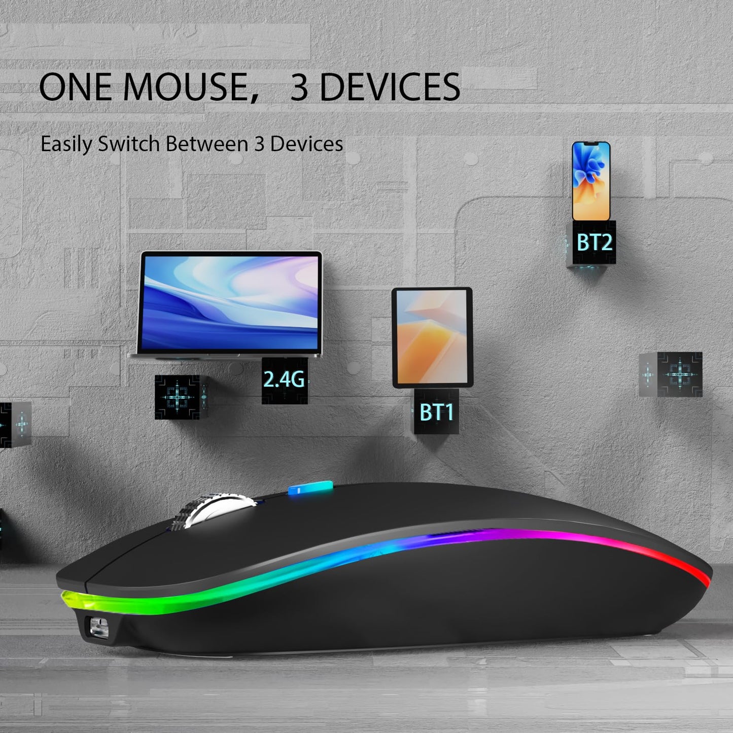 TENMOS Wireless Bluetooth Mouse, LED Slim (Bluetooth 5.1/5.0 + USB) 2.4GHz Rechargeable Silent Bluetooth Wireless Mouse with Type C Adapter for Laptop/MacBook/iPad OS 13 and Above (Matte Black)