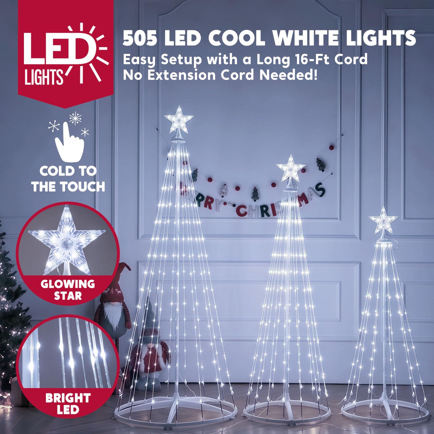 JOYIN 3 Pack LED Christmas Cone Tree Lights, 4FT 5FT 6FT Outdoor Lighted Tree with 8 Lighting Modes & Star Topper, Christmas Decorations for Yard Porch Patio Garden Holiday Decor, Cool White
