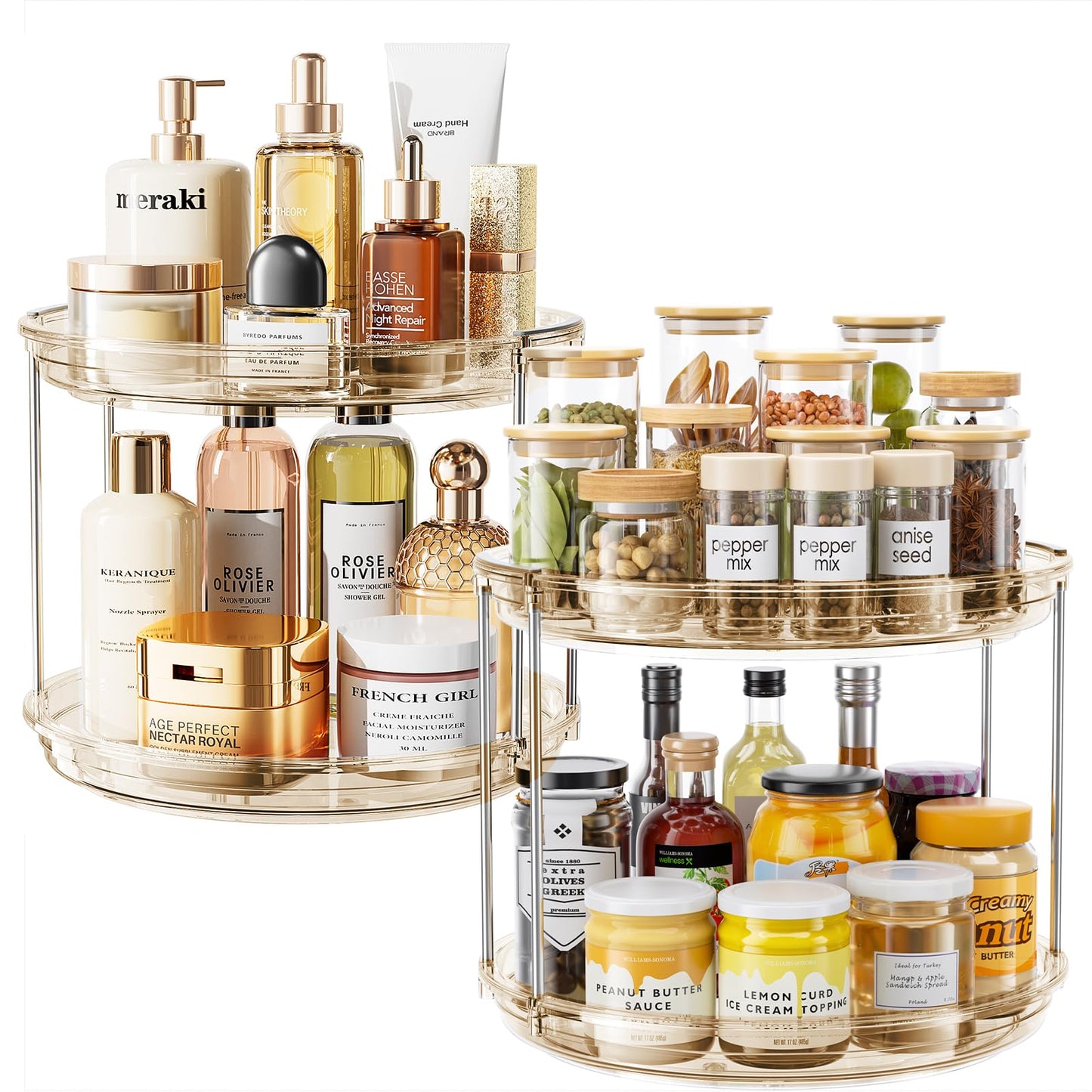 LAMU 2 Tier Lazy Susan Turntable Organizer 9.25'' Rotating Spice Rack Organization for Cabinet, Kitchen, Pantry, Countertop, Bathroom, Vanity, Medicine Cabinet Organizer, Clear