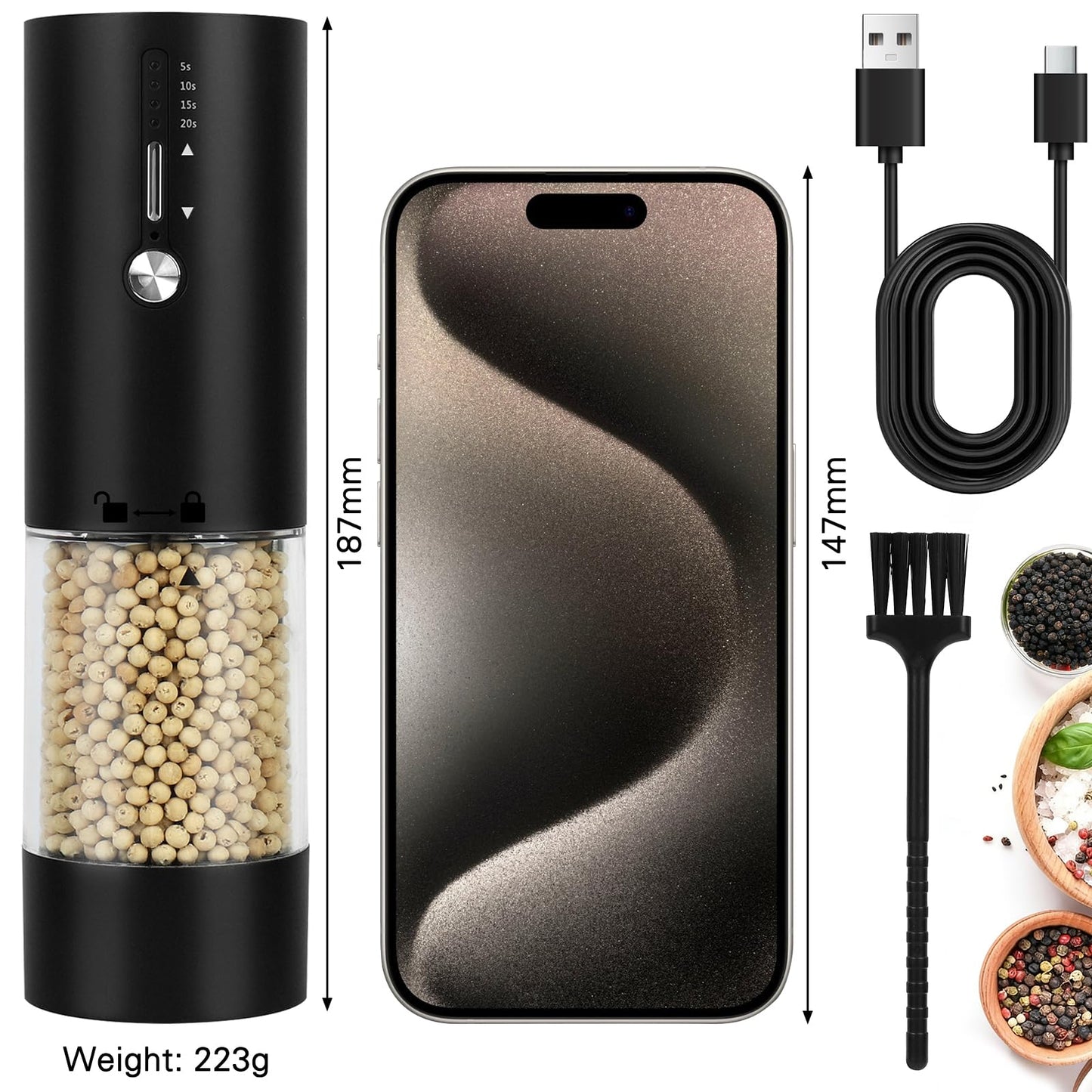 118ml Large Capacity Electric Salt,Pepper and Spice Grinder,USB-C Rechargeable Automatic Mill with 15 Precise Settings, LED Light, Premium Matte Black Kitchen Gadget [Single Pack]