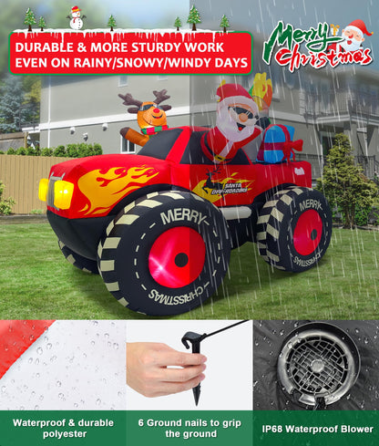 EAONE 7FT Christmas Inflatable Outdoor Decoration, Inflatable Santa Claus & Reindeer on Monster Truck, Blow Up Yard Decorations LED Lighted for Yard, Garden, Lawn, Home Xmas Holiday Decor