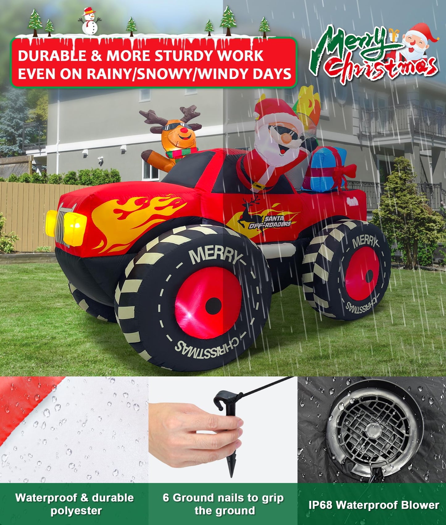 EAONE 7FT Christmas Inflatable Outdoor Decoration, Inflatable Santa Claus & Reindeer on Monster Truck, Blow Up Yard Decorations LED Lighted for Yard, Garden, Lawn, Home Xmas Holiday Decor