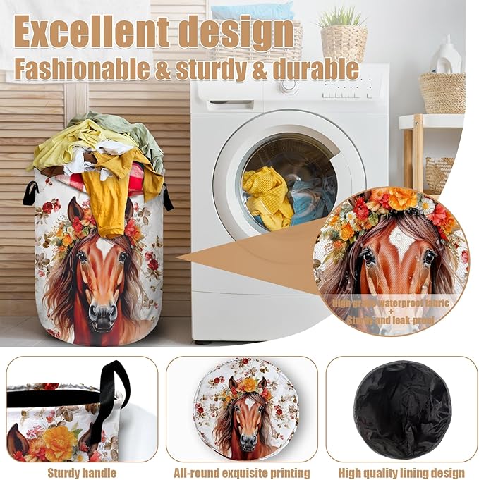 Watercolor Horse Laundry Basket, Foldable Waterproof Animals Floral Laundry