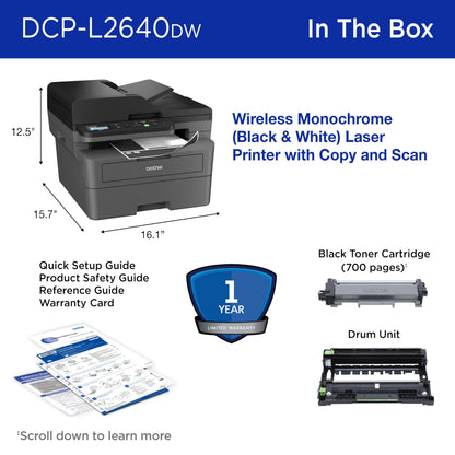 Brother DCP-L2640DW Wireless Compact Monochrome Multi-Function Laser Printer with Copy and Scan, Duplex, Mobile, Black & White | Includes Refresh Subscription Trial(1), Works with Alexa
