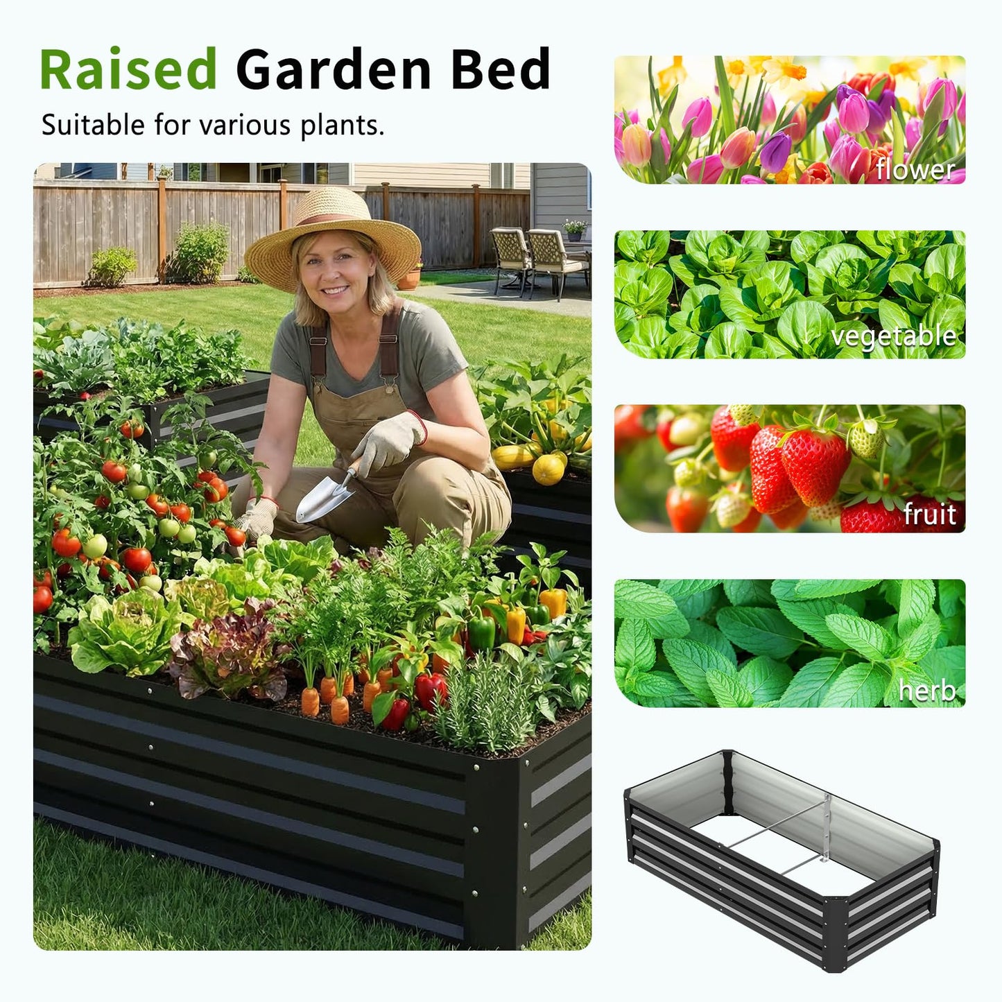 DoCred 3 in 1 Galvanized Raised Garden Bed, 2Pcs Garden Planter Box with 87" H Trellis for Climbing Plants, Outdoor Gardening Raised Beds with Climbing Net for Fruits, Vegetables, Flower (Black)