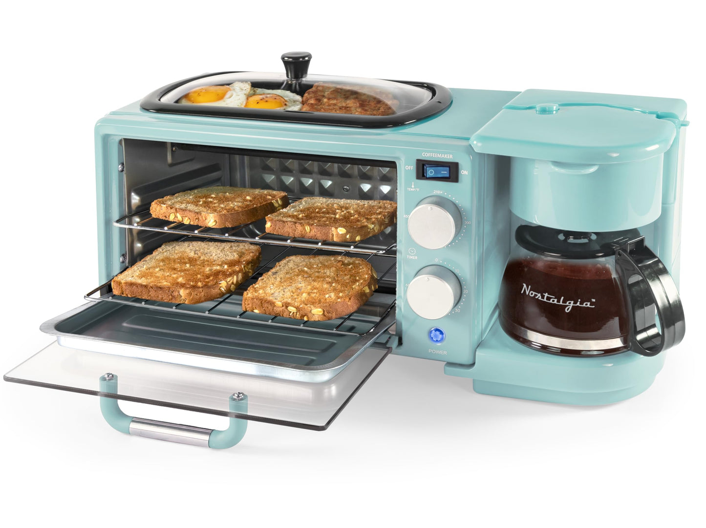 Nostalgia 3-in-1 Breakfast Station - Includes Coffee Maker, Non-Stick Griddle, and 4-Slice Toaster Oven - Versatile Breakfast Maker with Timer - Aqua
