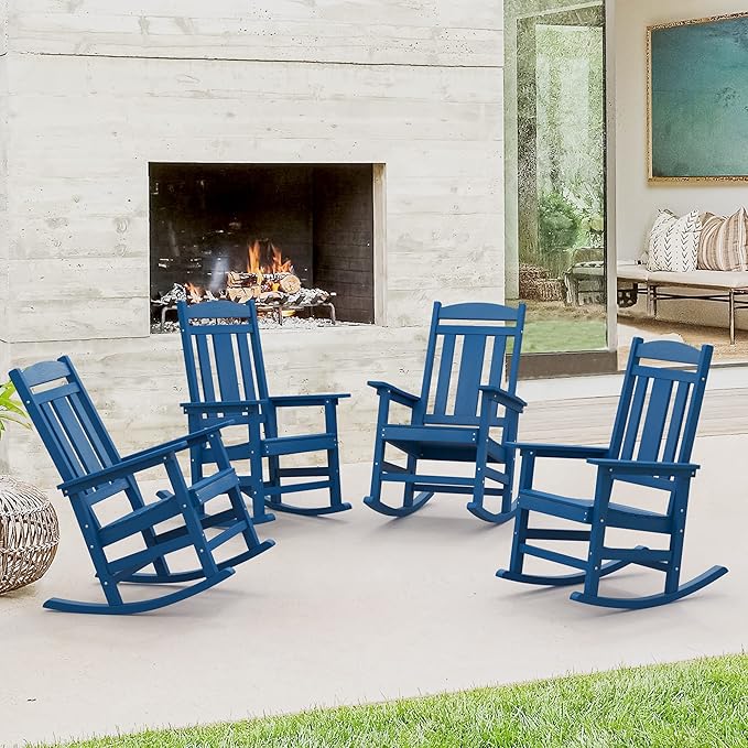 LUE BONA Outdoor Rocking Chairs Set of 4, Weather Resistant HDPS Poly Rocker Chairs, 350lb Heavy Duty, Oversized Porch Rocker for Adult, High Back Smooth Rocking for Outdoor & Indoor, Blue