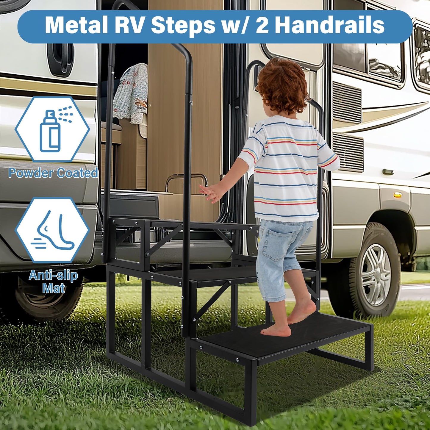 RV Steps w/Dual Handrails, 3-Step Spa Hot Tub Steps with Anti-Slip Pedals, 660lbs Load Capacity, Universal Portable Mobile Home Stairs Steps for 5th Wheel RV, Spa, Porch, Pool, Travel Trailers
