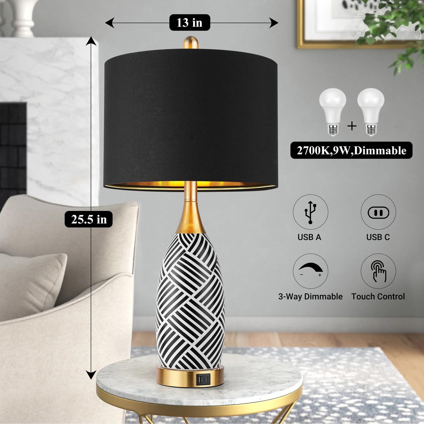 25.5" Touch Control Black and Gold Lamp,3-Way Dimmable Modern Ceramic Table Lamps with USB & Type-C Ports,Classic Black/White Striped Bedside Lamps for Bedroom Living Room Office(Bulbs Included)