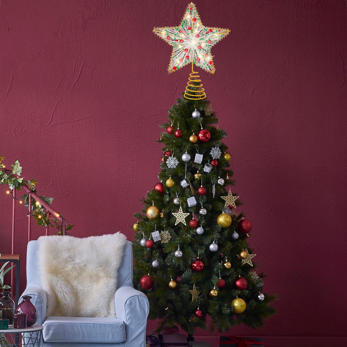 Whaline Christmas Star Tree Topper Gold 3D Star Tree Top with LED Lights Battery Powered Treetop Ornament for Xmas Winter Party Favor Indoor Outdoor Decor