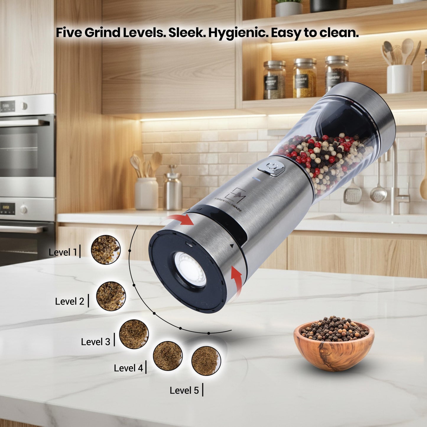 Essentialsmade Electric Salt and Pepper Grinder Set – Rechargeable Stainless Steel Mills – Upgraded 800mAh Battery, Large 200ml Capacity, & 5 Adjustable Coarseness Levels – Kitchen Seasoning Tools