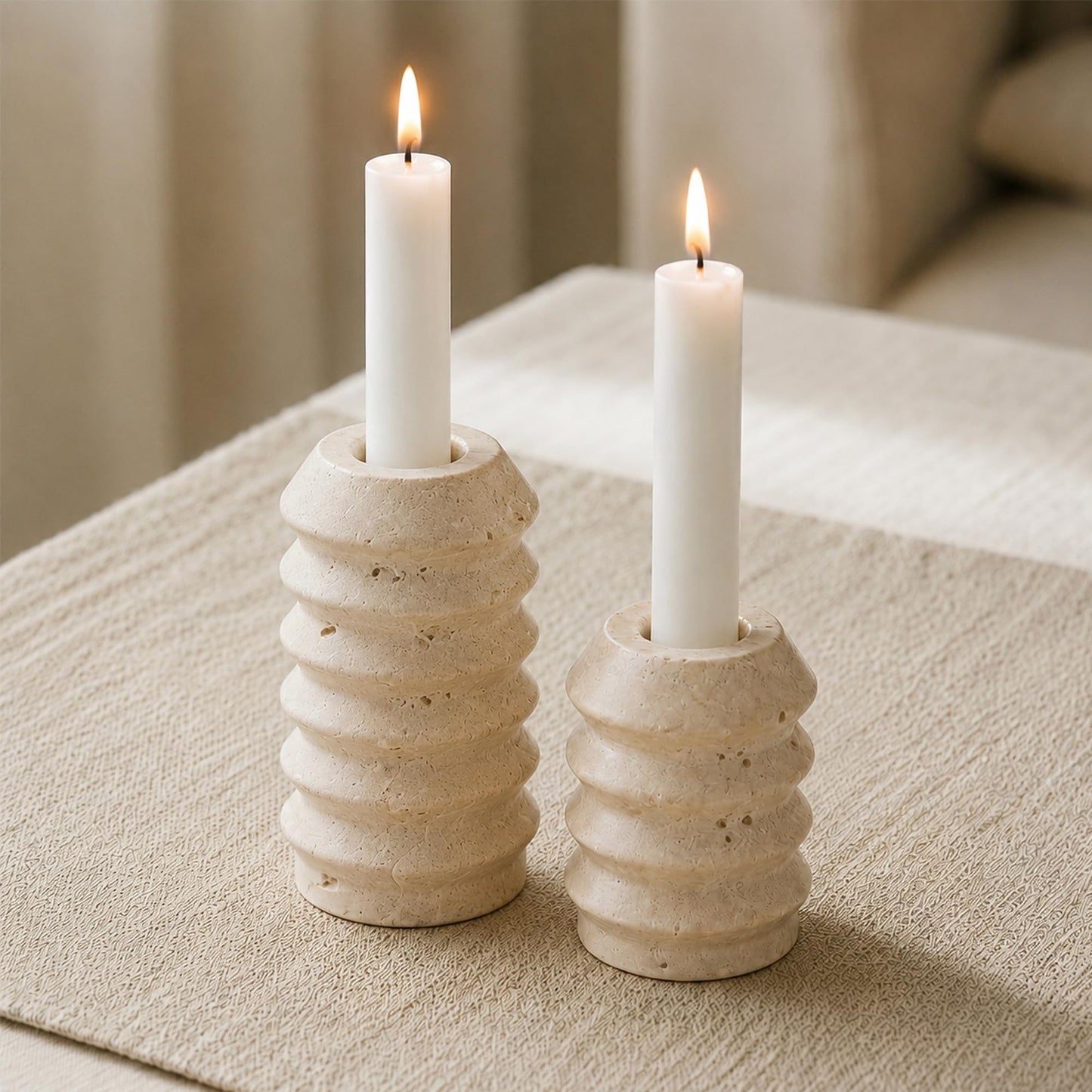 WORHE Candle Holders True Natural Travertine Stone 0.4" Thick, Set of 2 Premium Marble Candlestick Holder for Wedding Dinning Party, Candle Stand for 3/4 inch Thick Candles Color White (ZT002)