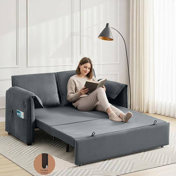 63" Velvet 3 in 1 Convertible Sleeper Sofa Bed, Pull Out Couch Bed Loveseat
