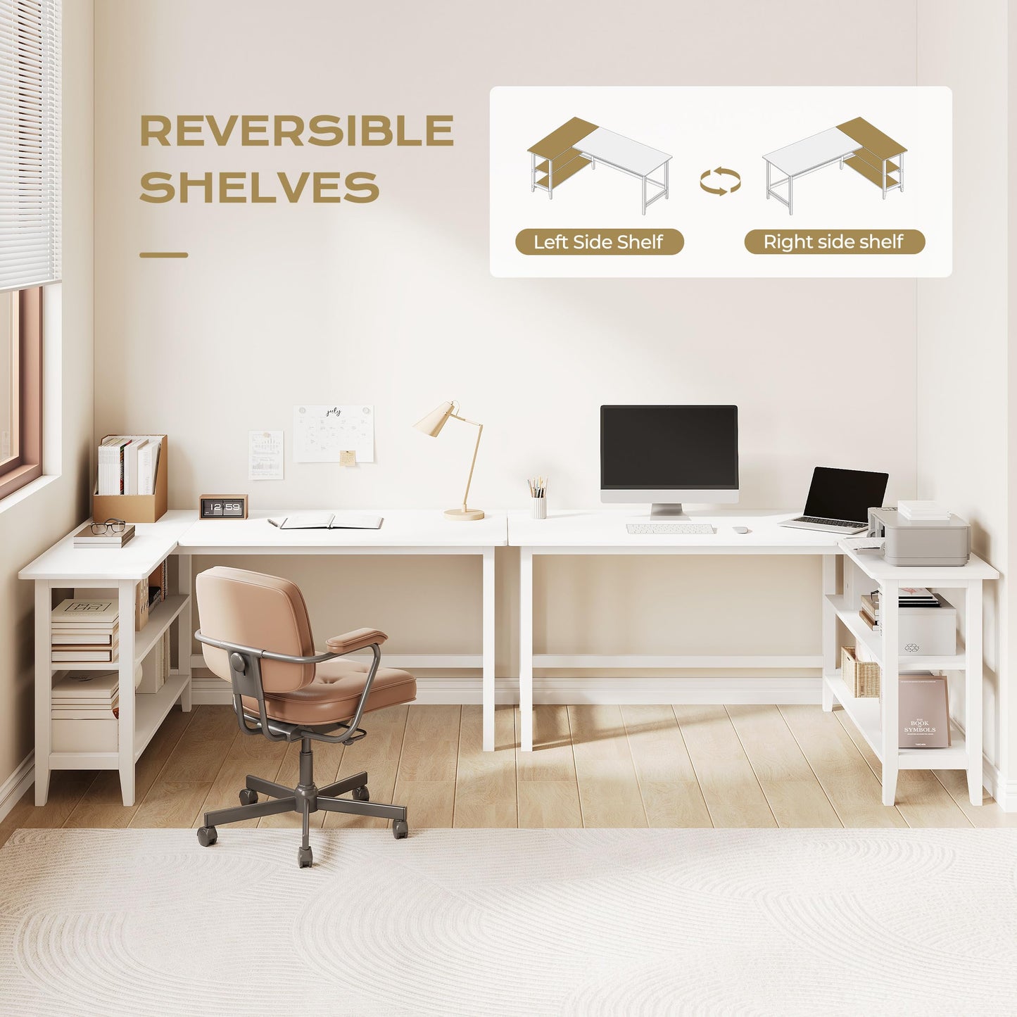 IOTXY Reversible L-Shaped Office Desk - 63" Extra Large Corner Computer Table with Storage Shelves, Solid Wood Legs, Home Writing & Study Workstation, White