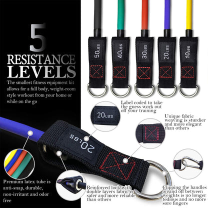 TheFitLife Exercise Resistance Bands with Handles - 5 Fitness Workout Bands Stackable up to 110/150 lbs, Training Tubes with Large Handles, Ankle Straps, Door Anchor Attachment, Carry Bag (150 LBS)