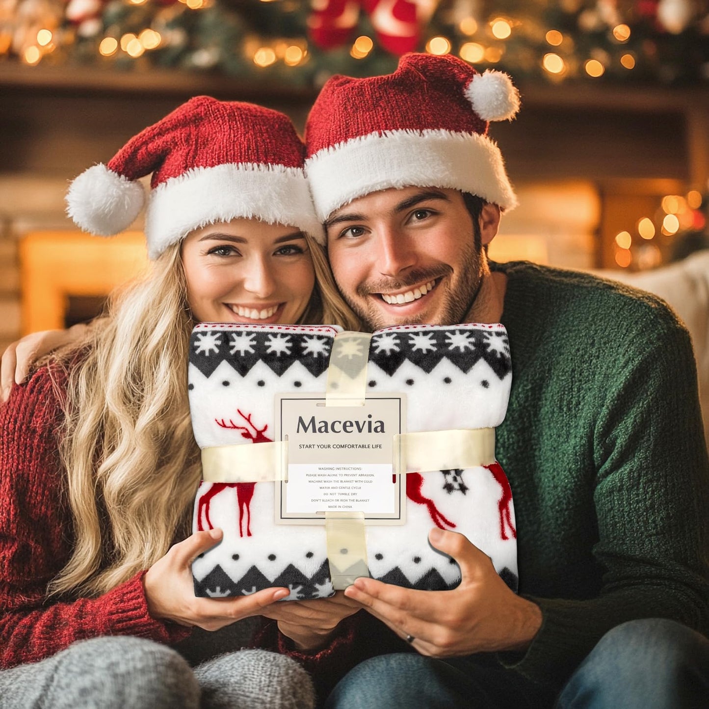 MACEVIA Christmas Throw Blanket for Couch, Holiday Christmas Reindeer Snowflakes Flannel Fleece Blanket, Soft, Cozy, Plush, Warm Winter Cabin Throw Decor, (Red Reindeer, 50x60inches)