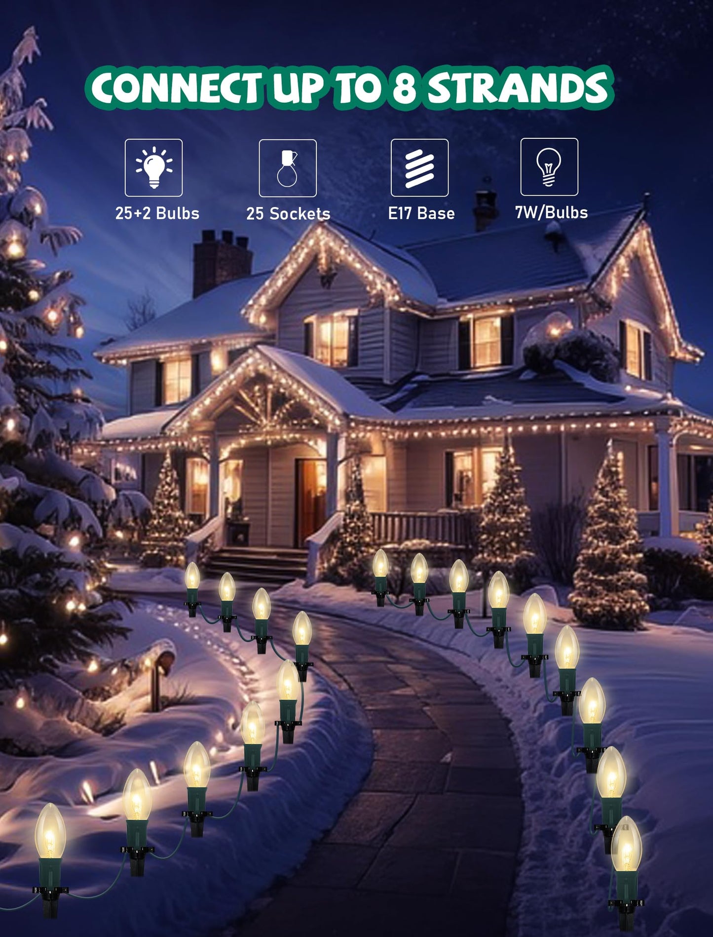 GOOTHY Christmas Pathway Lights Outdoor, 38Ft Outdoor Xmas Decorations String Lights with 25 C9 Warm White Christmas Pathway Stakes Lights for Walkway Yard Lawn Sidewalk Driveway Garden