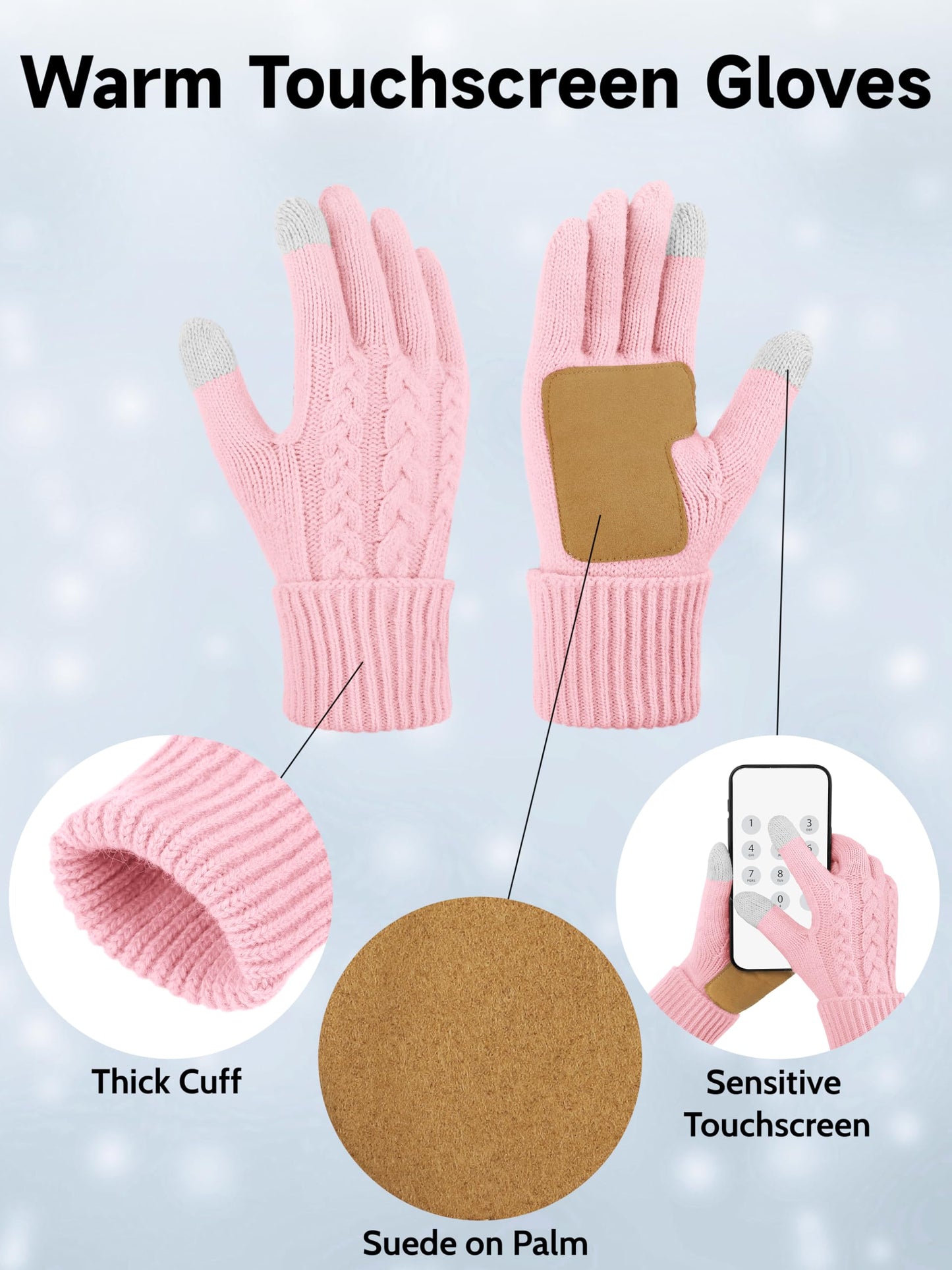 Aneco Winter Beanie Hat Scarf Gloves Ear Warmer Set for Women Fleece Lined Pom Pom Beanie Touchscreen Gloves 4 in 1 Set Pink