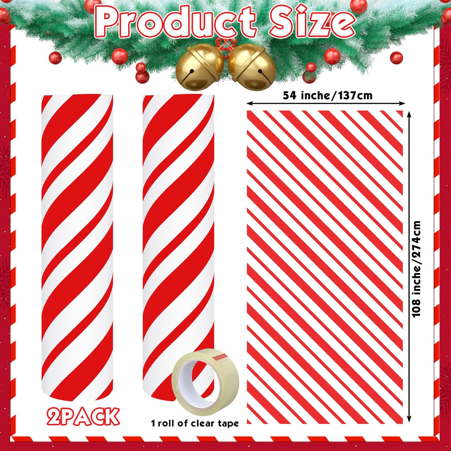 Suncalla 2 Pack Christmas Candy Cane Design Column Wraps 108 x 54 Inch Candy Cane Striped Disposable Porch Column Wraps with 1 Roll Tape Striped Pillar Cover for Fall Halloween Xmas Decor
