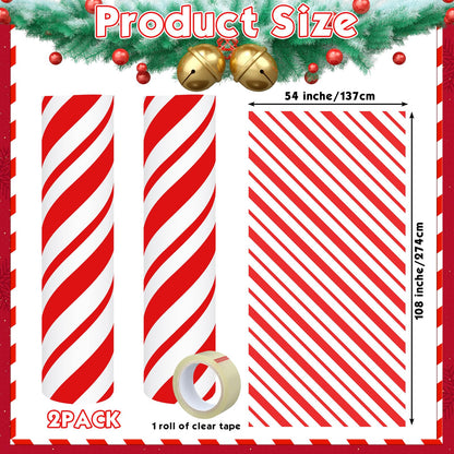 Suncalla 2 Pack Christmas Candy Cane Design Column Wraps 108 x 54 Inch Candy Cane Striped Disposable Porch Column Wraps with 1 Roll Tape Striped Pillar Cover for Fall Halloween Xmas Decor