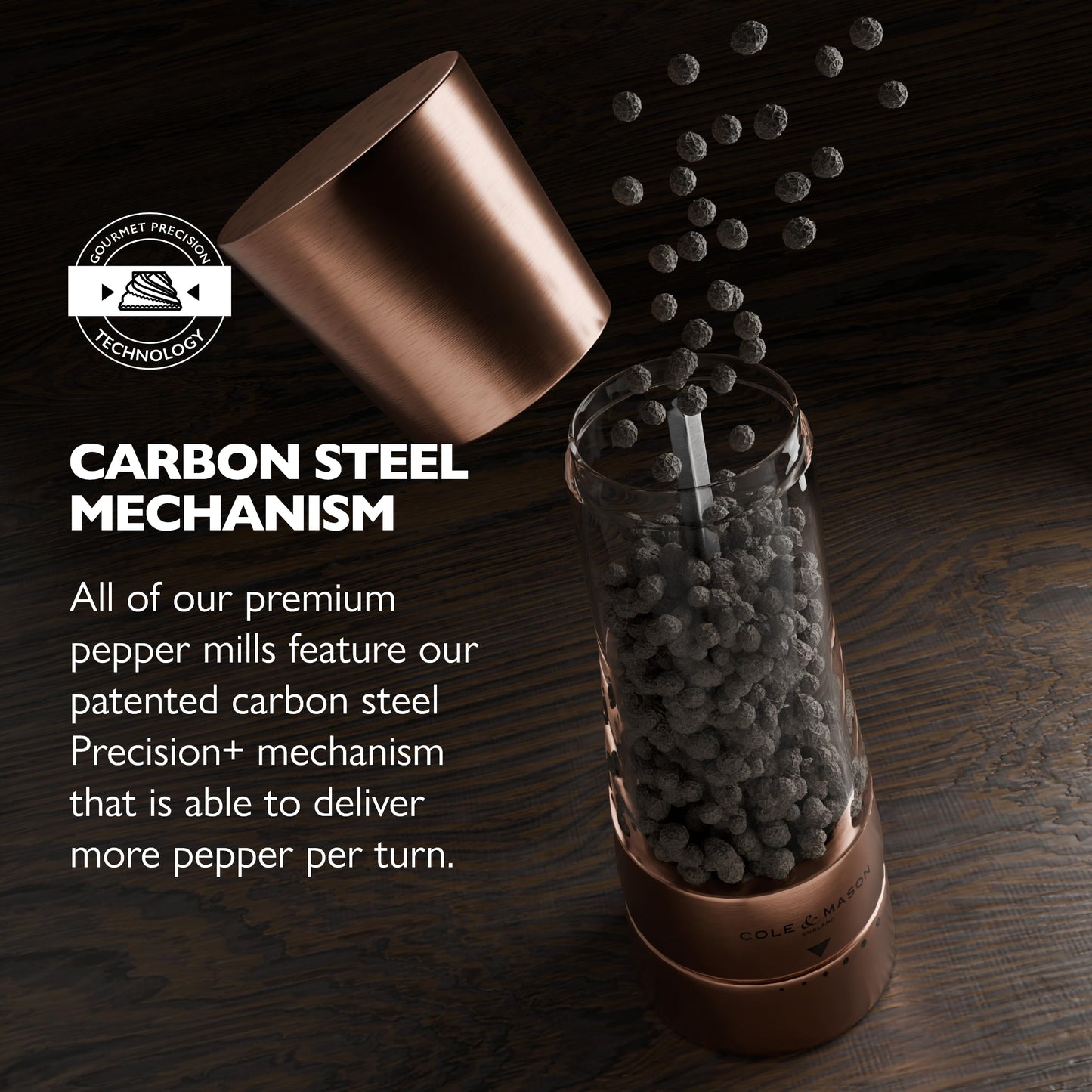 Cole & Mason Derwent Salt & Pepper Mill Gift Set - Refillable Seasoning and Spice Tools - Adjustable Grinder Settings - Copper With Salt and Pepper Tray