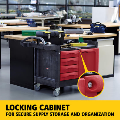 Rubbermaid Commercial Products TradeMaster Tool Storage Utility Cart, 4 Drawers + Cabinet, Small, 750 lb. Capacity, Black, for Warehouse/Garage/Cleaning/Maintenance