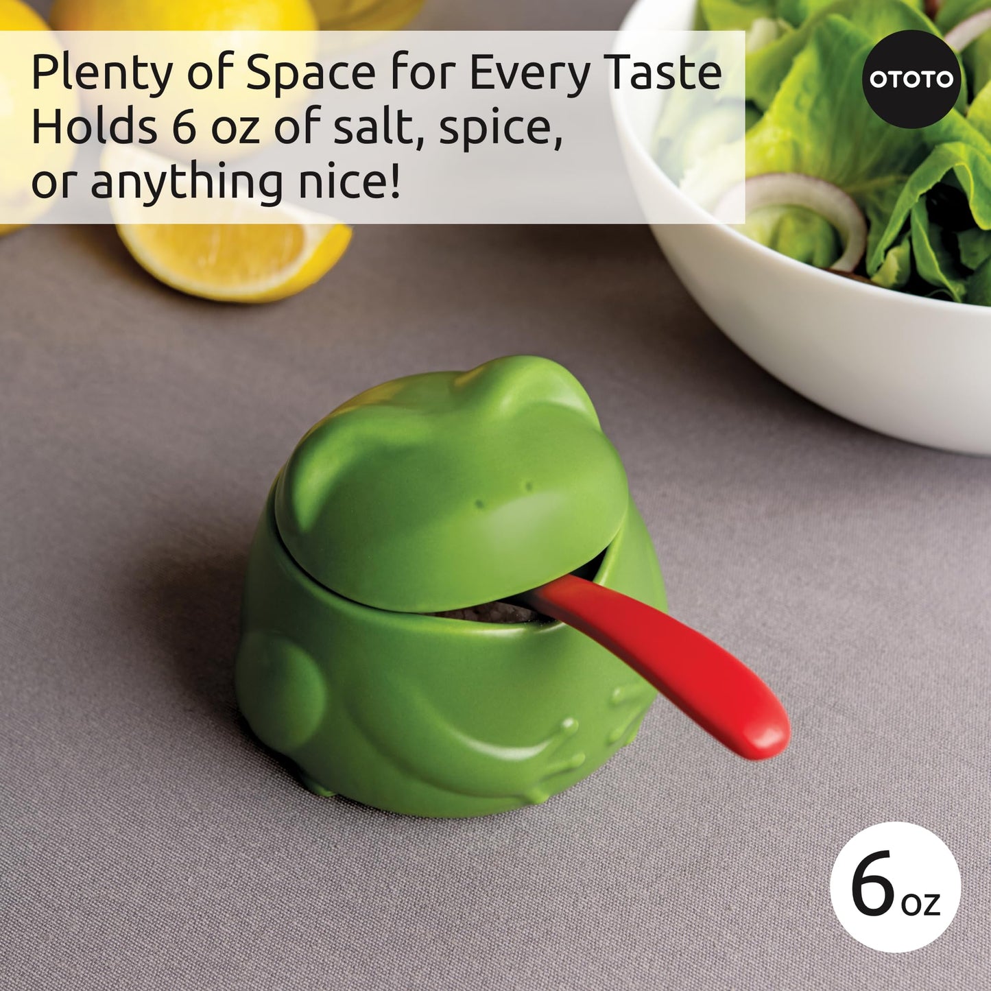 OTOTO NEW Lily Salt Cellar with Lid and Spoon - 6 oz Frog Salt Containers for Countertop, Ceramic Salt Holder with Lid for Sugar, Frog Stuff, White Elephant Gifts, Cute Gifts Accessories - Green