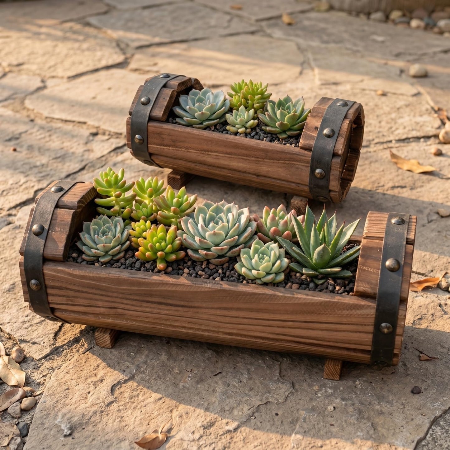 DOITOOL Half Barrel Planters Outdoor, 2 Pack Rustic Solid Wood Flower Pots for Plants, Carbonized Wooden Whiskey Wine Barrel Planter Set for Garden Patio Porch Windowsill Decoration (Brown)