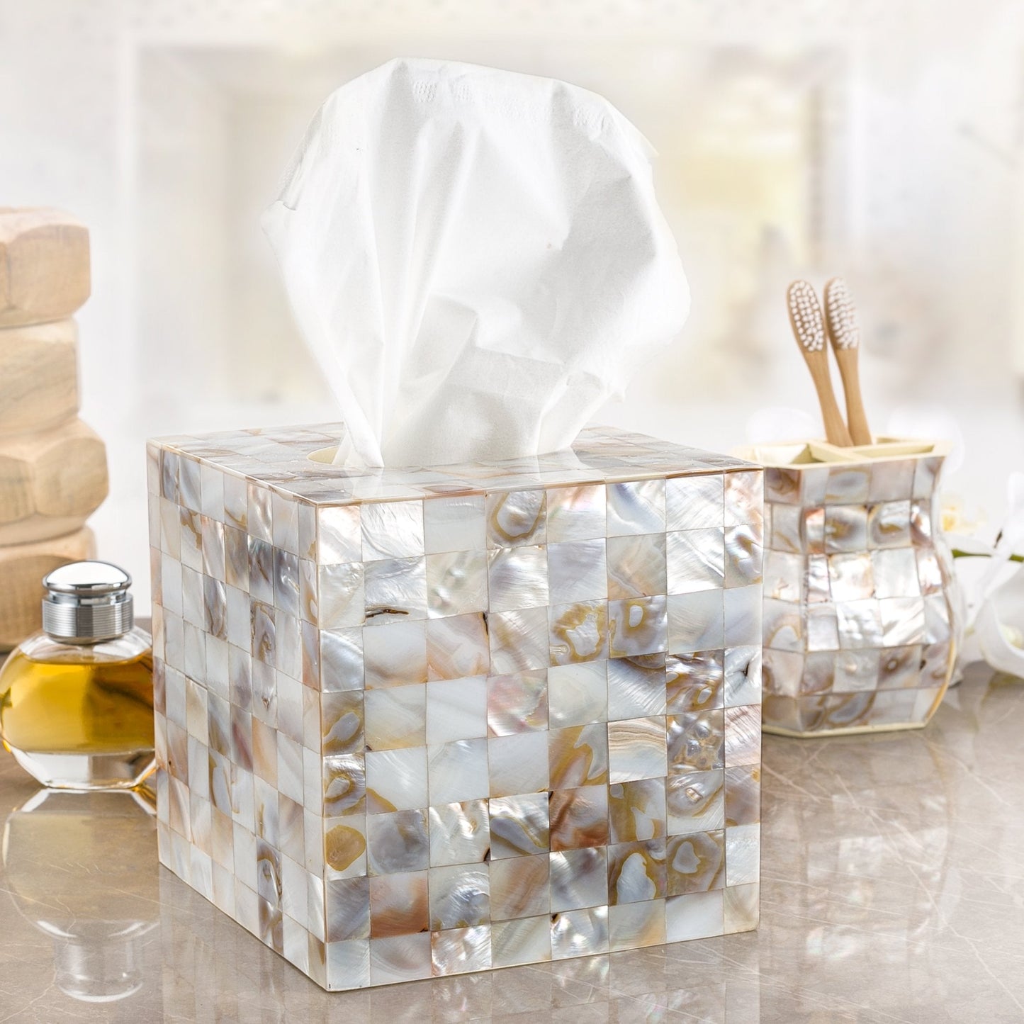 Milano Bathroom Toothbrush Holder - Decorative Bathroom Toothbrush Organizer Finished in Beautiful Mother of Pearl, 3 Slot Toothbrush Holder for Bathroom Fits Multiple Brushes