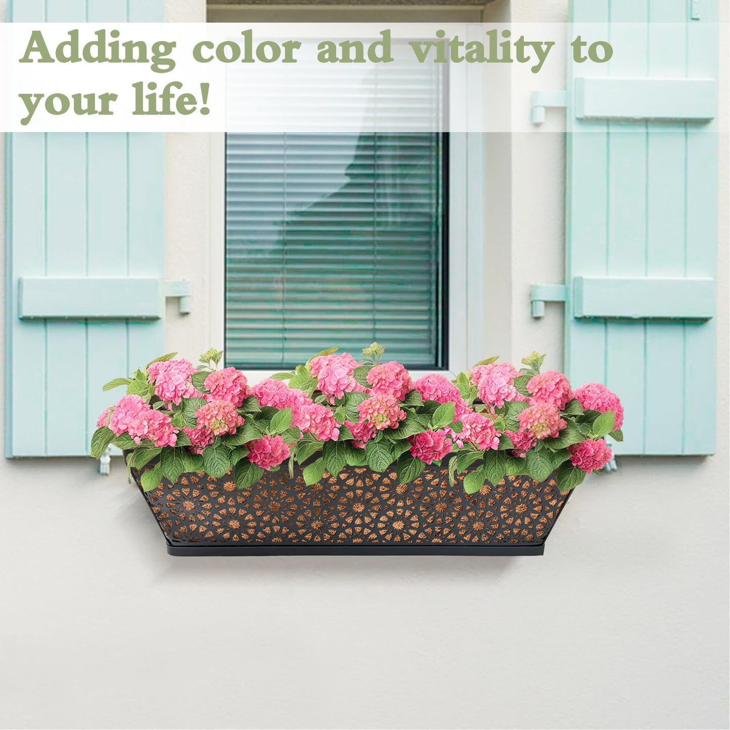 ZVOWOS Black Metal Railing Planter Window Box (2 Pack, 24 Inch) Horse Trough Planter with Coco Fiber Liner Deck Balcony Rail Planters for Porch Fence Patio Outdoor Garden Décor