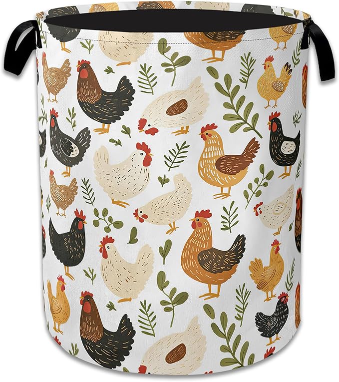 Rooster Hen Chick Laundry Basket, Foldable Waterproof Oxford Cloth Tote Bag