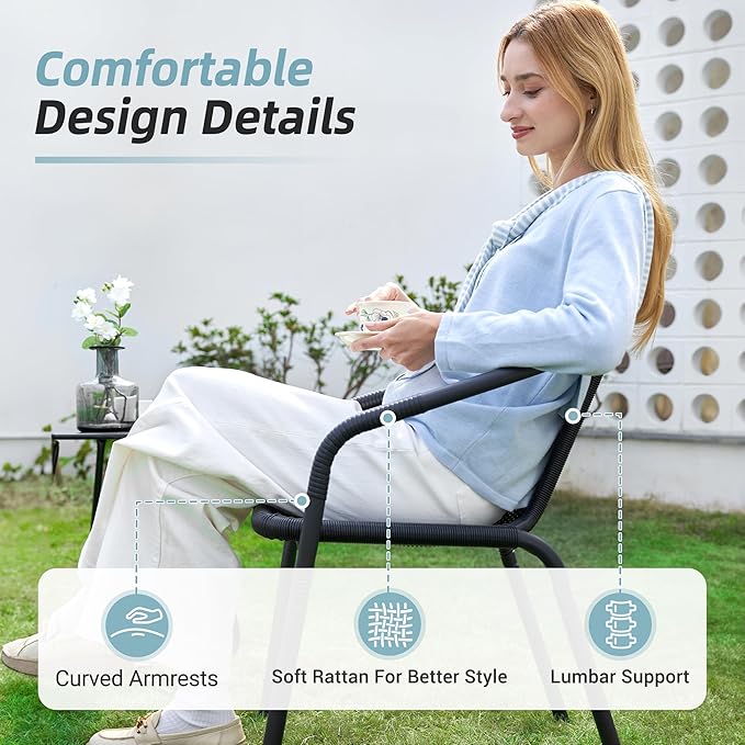 Amopatio Outdoor Dining Chairs Set of 4, Stackable Patio Chairs, Rattan Wicker Patio Chairs Set of 4, Bistro, Garden, Yard, Porch, Black