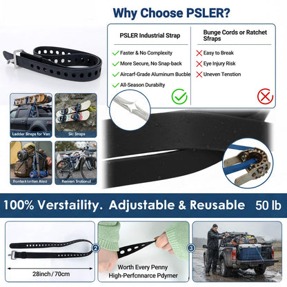PSLER 2 Pack Heavy-Duty Silicone Utility Straps - 28inch Adjustable Rubber Tie Down Straps with Aircraft Aluminum Buckle, 50lb Capacity for Ladders, Ski Gear, Luggage & Cargo, Black
