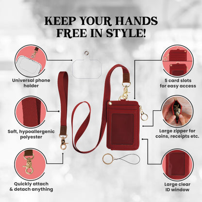 Mondo Designs 2-in-1 ID Badge Holder & Lanyard Wallet - Multi-Use Womens Small Wallet with Removable Wristlet & Neck Lanyard, Clear Window, 5 Card Slots, Phone Holder, Ring Keychain - Bordeaux Red