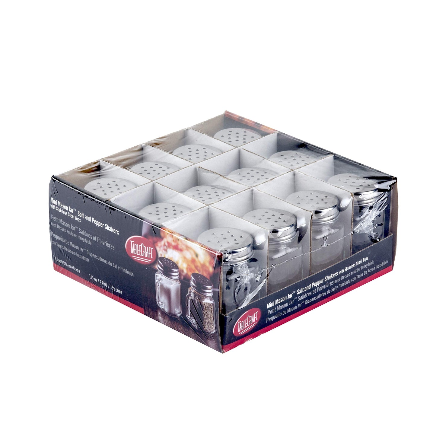 Tablecraft Mini Mason Salt & Pepper Shaker with Stainless Steel Top, 12 per Pack, 1.5 oz