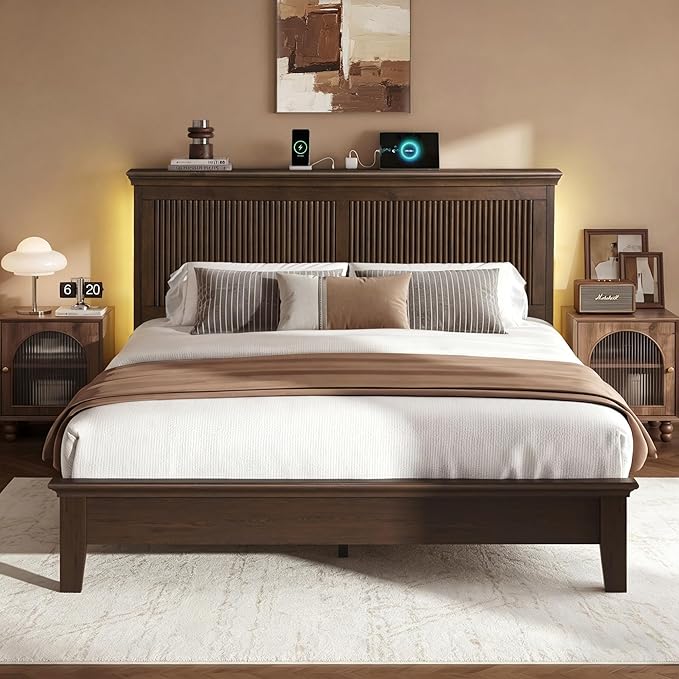 Lifezone Queen Bed Frame with Headboard, Solid Wood Bed Frame Queen Size with