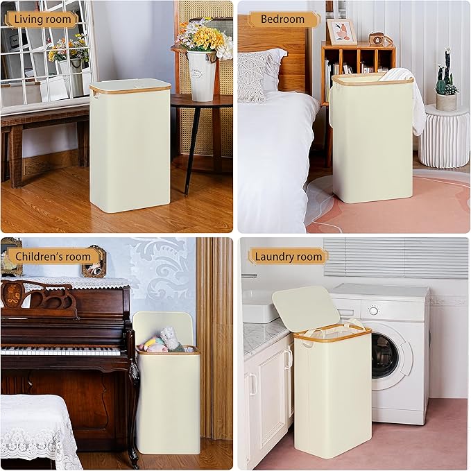 Slim Laundry Hamper, 75L Beige Narrow Laundry Basket