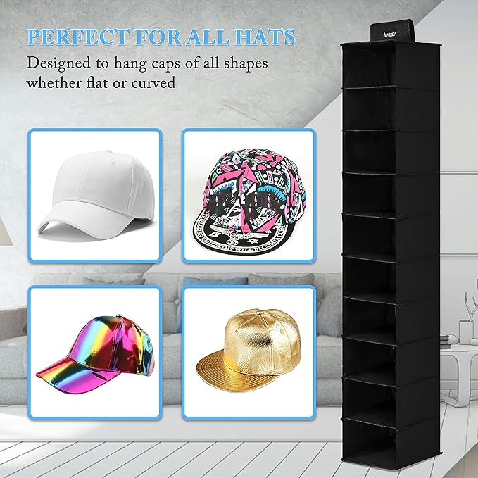 VAESIDA Hat Rack for Closet, 10 Shelf Hanging Hat Organizer for Baseball Caps