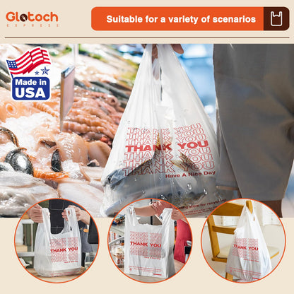 Glotoch Plastic Thank You Bags 1000 Count, 12" x 6.5" x 21" White Grocery Bags with Handles for Restaurant, Retail, Grocery Store, Takeout, Convenience Stores, T-shirt Shopping Bag in Bulk