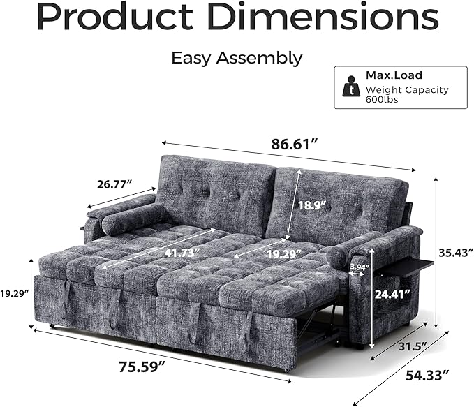 Convertible Sleeper Sofa Bed, 86 Inch Chenille Pull Out Couch